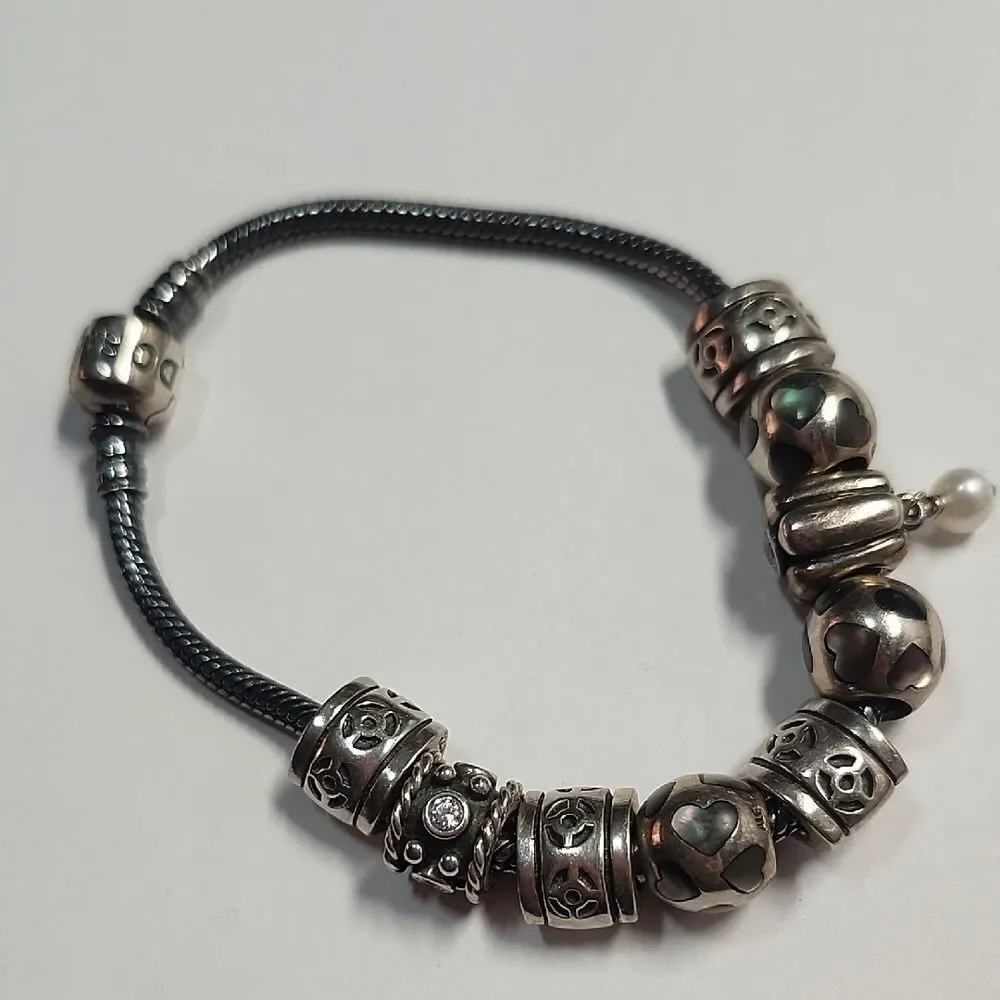 Pandora Sterling Silver Bead Charm Bracelet with Pearl Drop 9 Charms 925 ALE